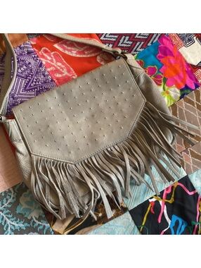 Day & Mood Anthropologie Parker Leather Studded Fringe Crossbody Bag Grey